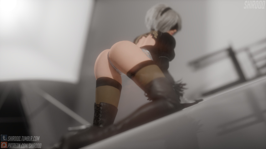 3d android ass big_ass black_dress black_hairband boots breasts closed_mouth covered_eyes dat_ass dress female gloves hairband high_heel_boots nier nier:_automata patreon render shir0qq short_hair silver_hair studio thighhighs tumblr yorha_2b