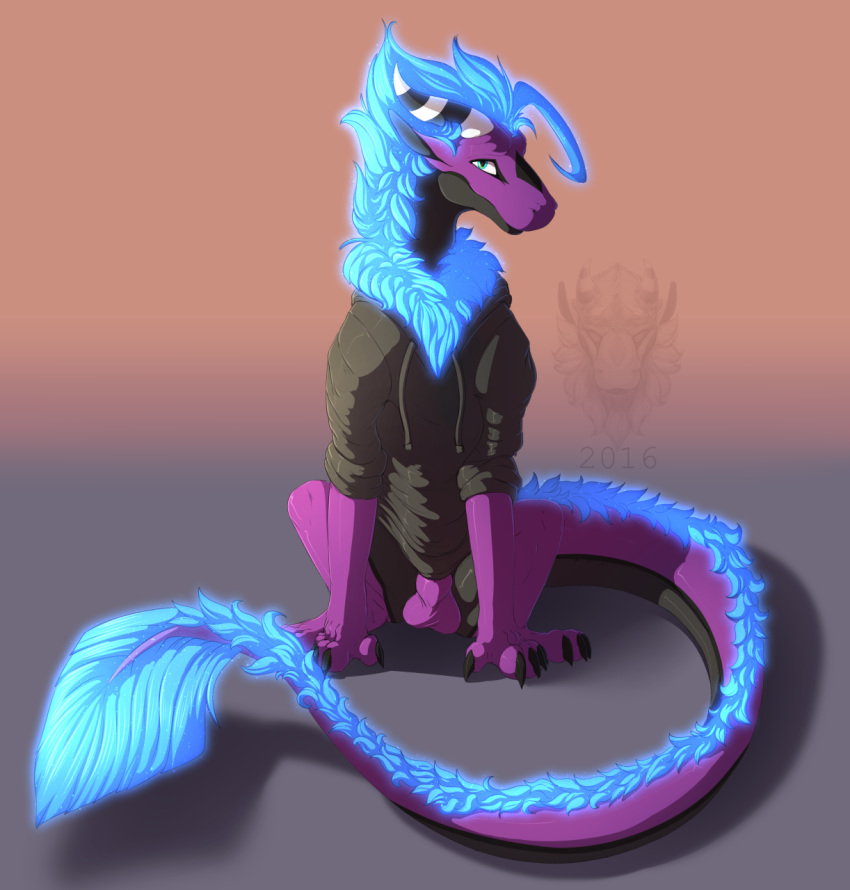 animal_genitalia balls bioluminescence blue_fur blue_mane clothing dragon feral fully_sheathed fur glowing hoodie kazzy kazzyboii male male_only purple_scales scales sheath sitting solo