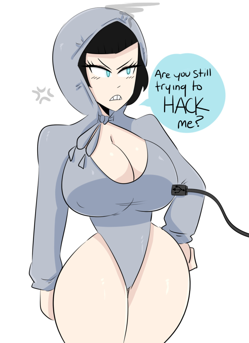 1girls 2018 ? annoyed big_breasts big_hips black_hair blue_eyes breasts cleavage clothing dialogue female hoodie huge_breasts jinu large_breasts leotard sex_doll short_hair text thicc_doll_(wm_doll) thick_thighs usb wide_hips wm_doll