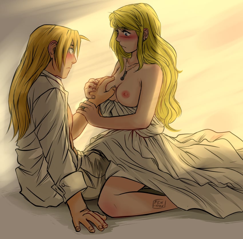 1boy 1girls areolae bed blonde_hair blue_eyes blush breast_grab breasts bulge clothes dress earrings edward_elric female fen-chan fullmetal_alchemist gold_eyes hand_on_breast jewelry male necklace nipples wedding_dress wedding_ring winry_rockbell