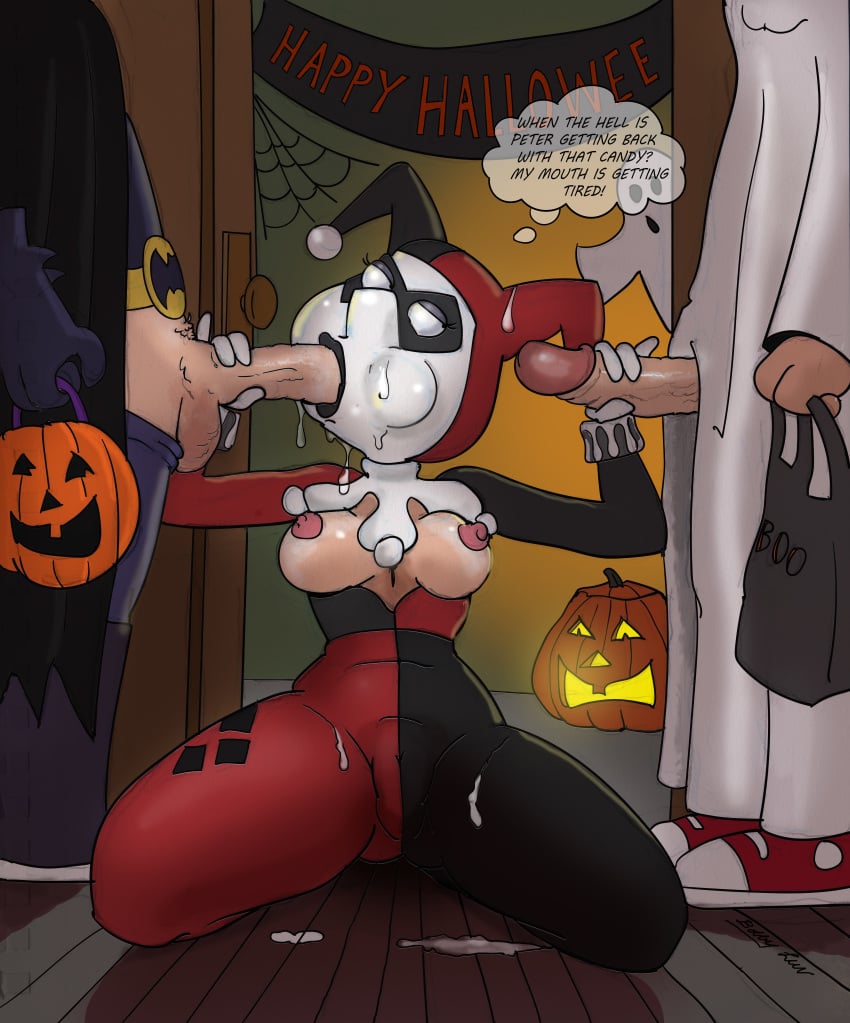 absurd_res alternative_halloween_treat black_lipstick bobby_luv cheating cheating_wife cosplay cum_in_mouth cum_on_face family_guy fellatio halloween handjob harley_quinn_(cosplay) lois_griffin threesome trick_or_treat