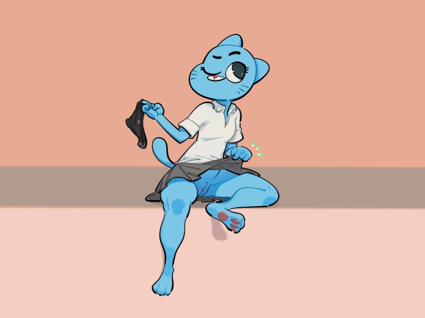 2018 3_toes 4_fingers anthro barefoot blue_fur breasts cartoon_network clothing digital_media_(artwork) dot_eyes exhibitionism feline feline female flashing fur junyois looking_aside mammal mature_female mother nicole_watterson no_underwear one_eye_closed panties parent playful presenting presenting_pussy pubes pussy raised_skirt simple_background sitting solo spread_legs spreading the_amazing_world_of_gumball toes underwear upskirt whiskers wink