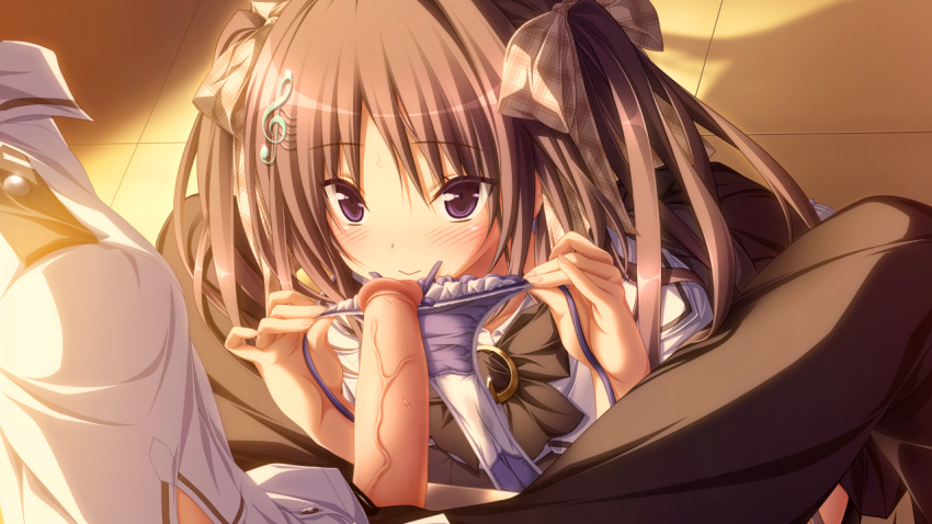 andou_misaki blush brown_hair chrono_clock game_cg handjob koku panties penis purple_eyes purple_software seifuku twintails uncensored underwear