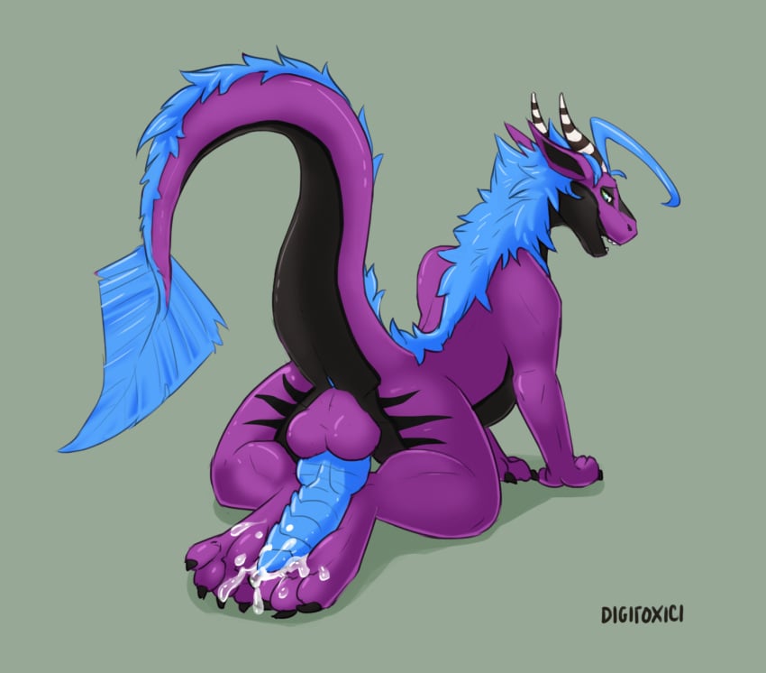 anthro anus autofootjob balls blue_fur blue_penis cum digitoxici dragon erection foot_fetish fur kazzy knot looking_back male male_only masturbation penis purple_scales raised_tail scales solo