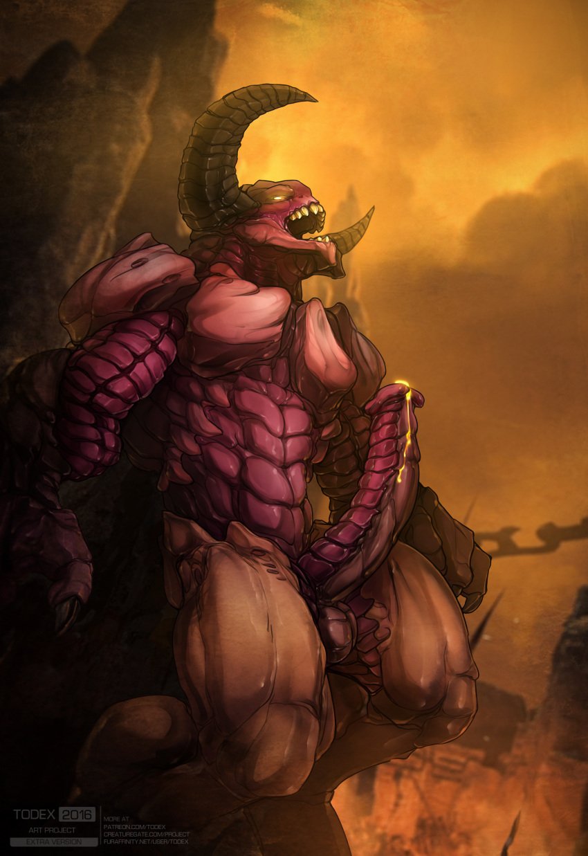 1boy balls baron_of_hell_(doom) colored_cum cum demon doom erection glowing glowing_cum glowing_eyes hands-free hi_res horns male male_only muscular_male orgasm penis precum sharp_teeth solo teeth todex unusual_cum video_games yellow_cum yellow_eyes