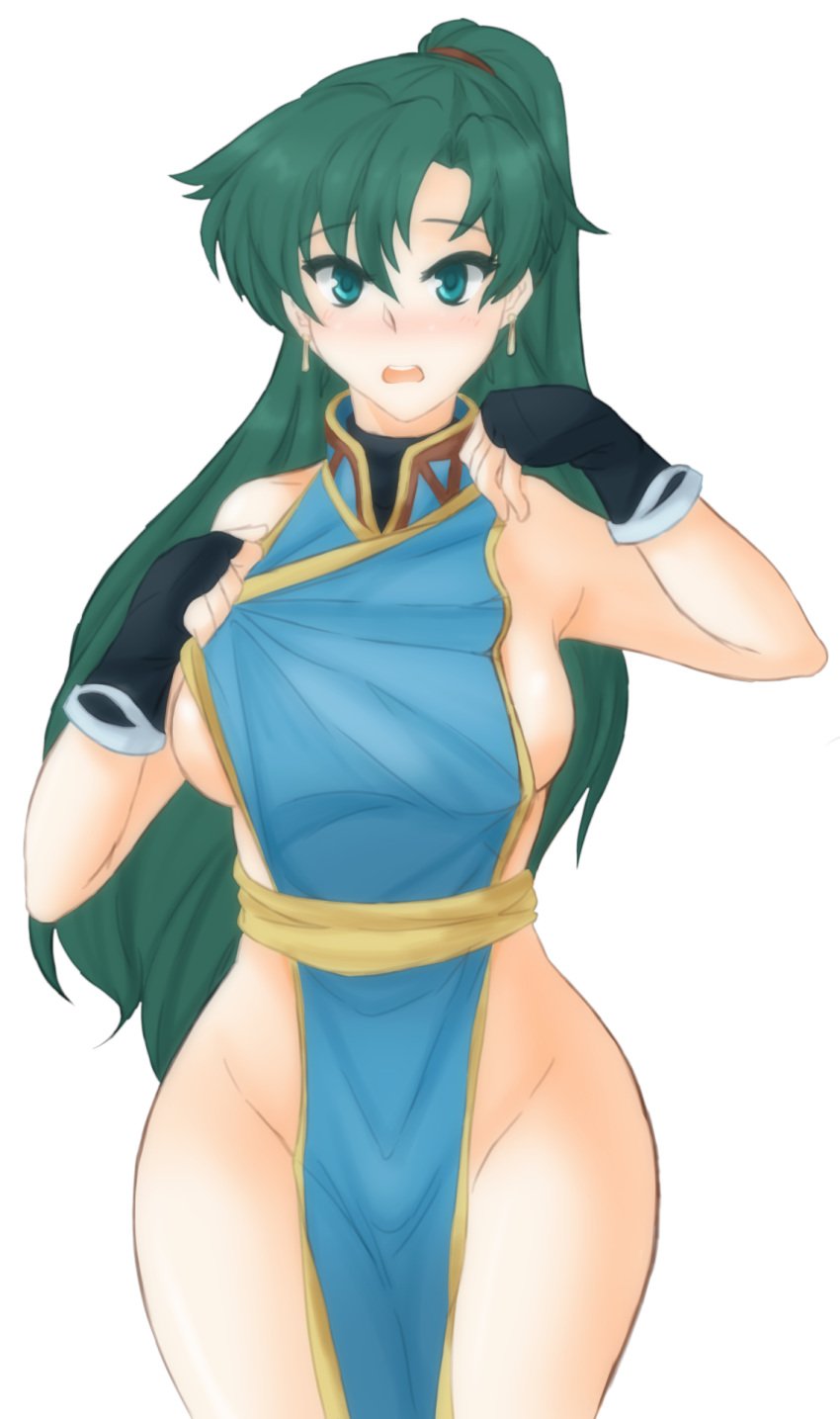 1girls bare_arms bare_legs bare_shoulders blush clothing convenient_censoring embarrassed female fire_emblem fire_emblem:_the_blazing_blade gloves green_eyes green_hair hips long_hair looking_at_viewer lyn_(fire_emblem) lyndis_(fire_emblem) mostly_nude open_mouth ponytail sideboob solo thighs transparent_background tridisart