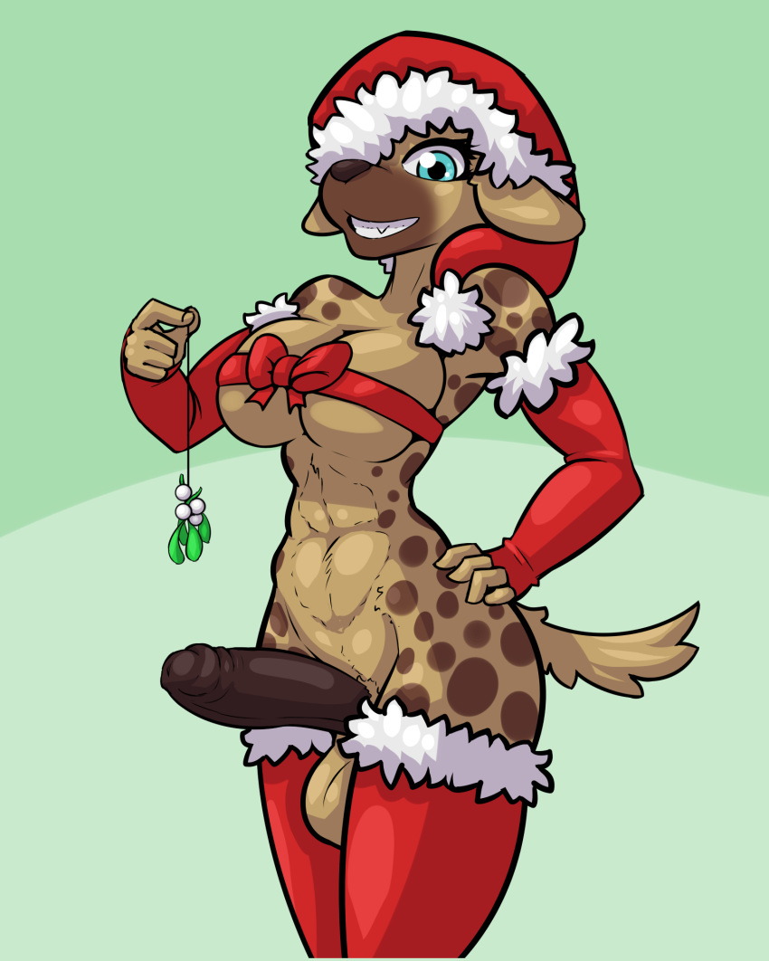 1futa anthro armwear balls blue_eyes bottomless breasts christmas cleavage clothed clothing dickgirl erection evening_gloves fangs furry futanari green_background hat hi_res holidays humanoid_penis hyena intersex legwear limebreaker looking_at_viewer mammal mistletoe mostly_nude penis plant precum ribbons santa_hat sara_(spottyreception) simple_background smile solo stockings teeth under_boob