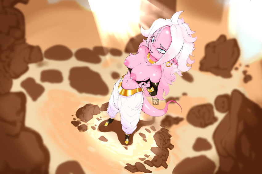 1girls 2010s android_21 android_21_(good) blue_eyes bracelet breasts dragon_ball dragon_ball_fighterz earrings female female_only flashing full_body goat-head_(artist) humanoid light_persona long_hair majin majin_android_21 monster_girl open_mouth pink_skin pointy_ears shirt_pull solo standing tail tubetop white_hair