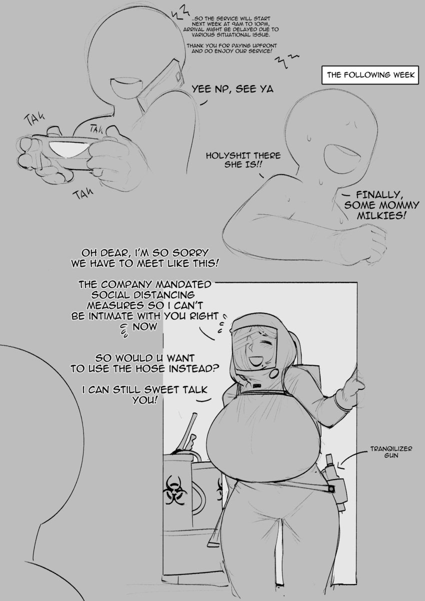 comic english_text hazmat_suit huge_breasts krekk0v lin_(krekk0v) lipstick milf mommy_kink monochrome sketch