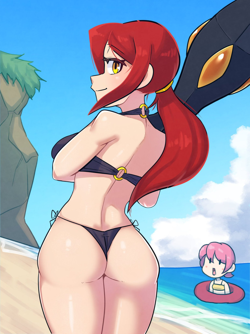 2girls ass beach bikini multiple_girls painting_fish parasoul red_hair skullgirls umbrella_(skullgirls)