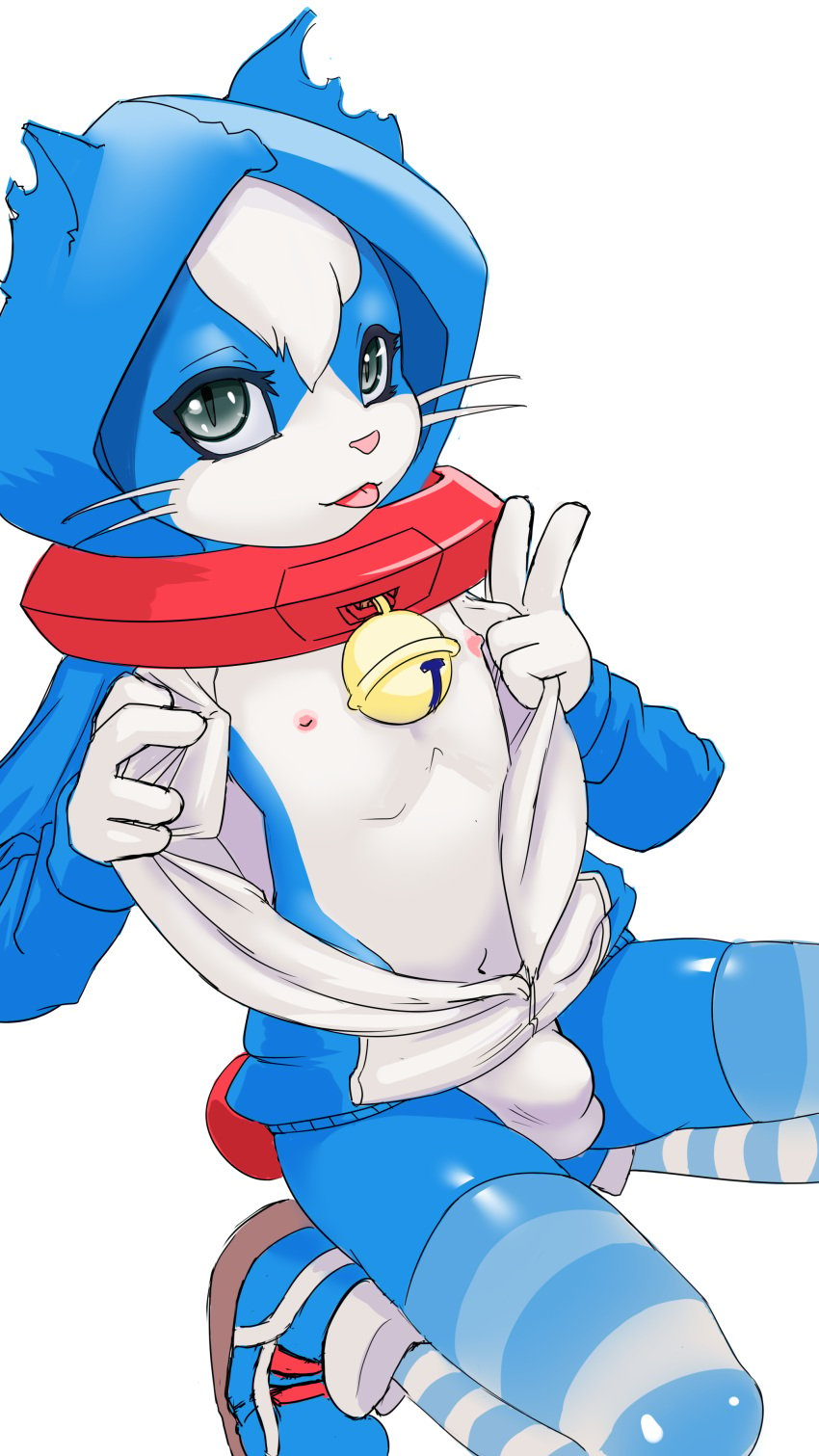 5_fingers anthro bell_collar blue_fur bulge chizi collar feline fur gesture grey_eyes machine male male_only mammal navel nipples robot simple_background solo tongue tongue_out v whiskers white_fur