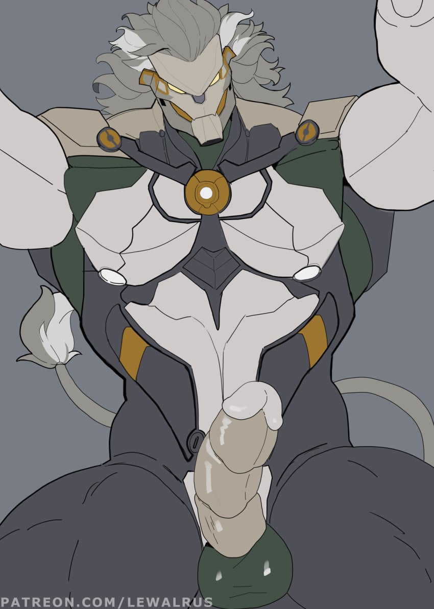 2026 absurd_res anthro artist_name balls banyue_(zenless_zone_zero) colored digital_drawing_(artwork) digital_media_(artwork) erection felid genitals hair hi_res humanoid lewalrus lion looking_at_viewer machine male mammal mihoyo muscular muscular_male nude pantherine pecs penis portrait robot robot_anthro simple_background solo standing standing_over_viewer tail tail_tuft text tuft url zenless_zone_zero