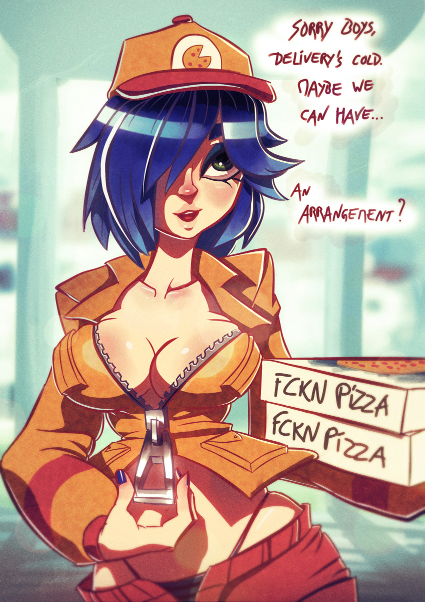 blue_eyes blue_hair brandy_(gitblue) cap female gitblue hair_over_one_eye loose_clothes nail_polish no_bra offering panties pizza pizza_delivery text unzipping