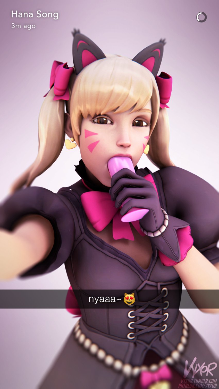 3d alternate_costume black_cat_d.va blender breasts cleavage d.va dildo fellatio female female_only looking_at_viewer oral overwatch overwatch_2 snapchat solo text vyxor