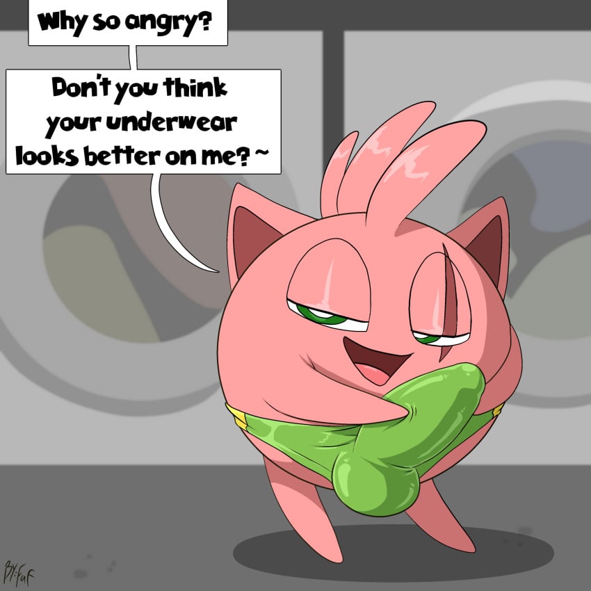 balls_outline bulge bulge_rubbing clothed clothing creampuff_(tepigfan101) detailed_bulge dialogue erection erection_under_clothing eye_scar facial_scar fuf generation_1_pokemon genital_outline hi_res jigglypuff male nintendo panties penis_outline pokemon pokemon_(species) scar solo supervillain taunting tenting underwear underwear_only underwear_theft waddling_head