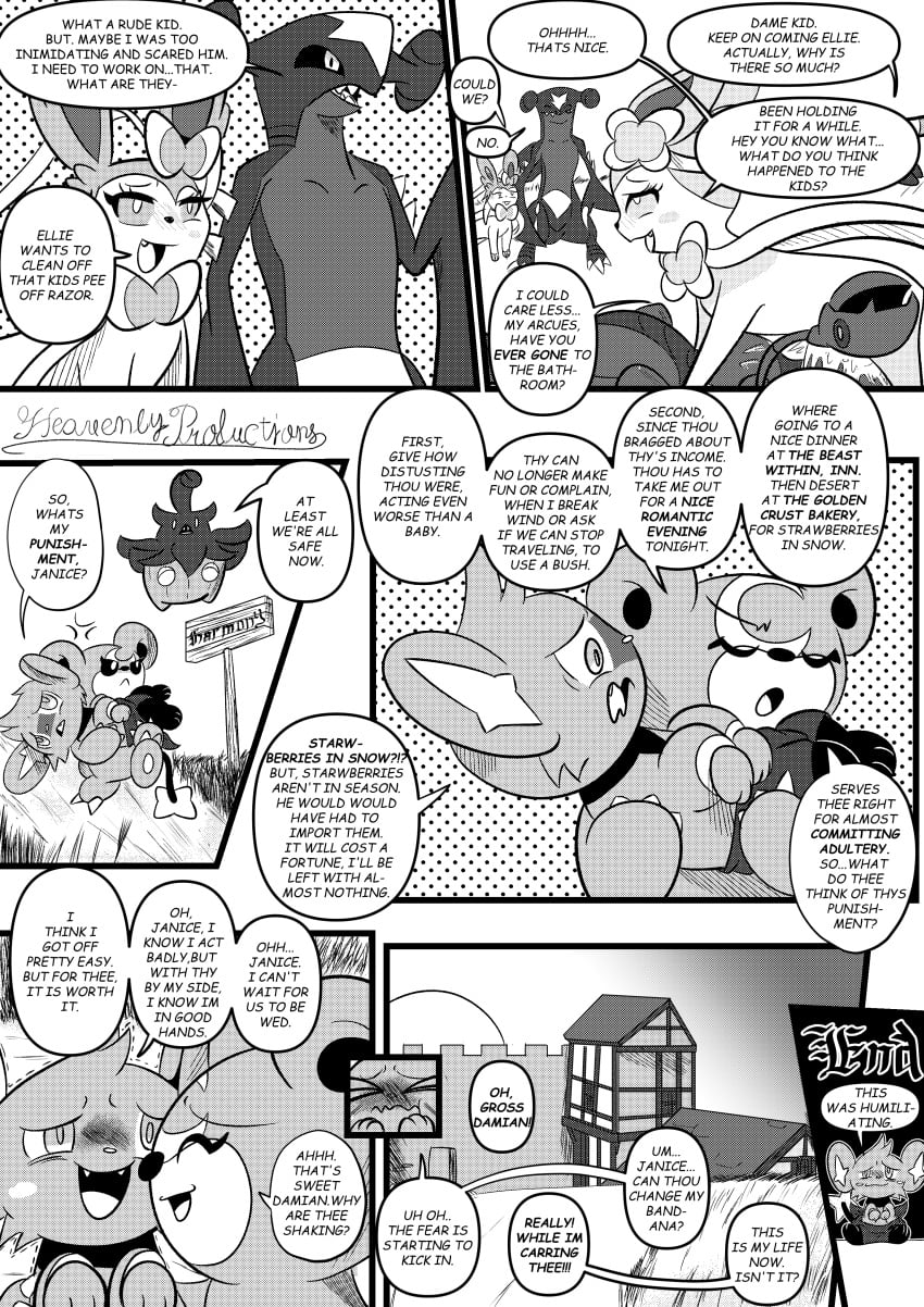 2025 8_panel_comic absurd_res angry anthro biped black_sclera black_text blush blush_lines bodily_fluids bow_ribbon building claws comic detailed_background dialogue eeveelution end_page english_text exclamation_point eye_roll eyebrows eyelashes eyes_closed female feral floating garchomp generation_2_pokemon generation_4_pokemon generation_6_pokemon genital_fluids group heavenlyproductions hi_res male monochrome mouth_closed nintendo open_mouth open_smile pawpads paws peeing pokemon pokemon_(species) pumpkaboo pupils quadruped question_mark scizor sharp_teeth shinx sign signature smile speech_bubble standing sylveon talking_to_another teddiursa teeth text tongue urine watersports white_pupils