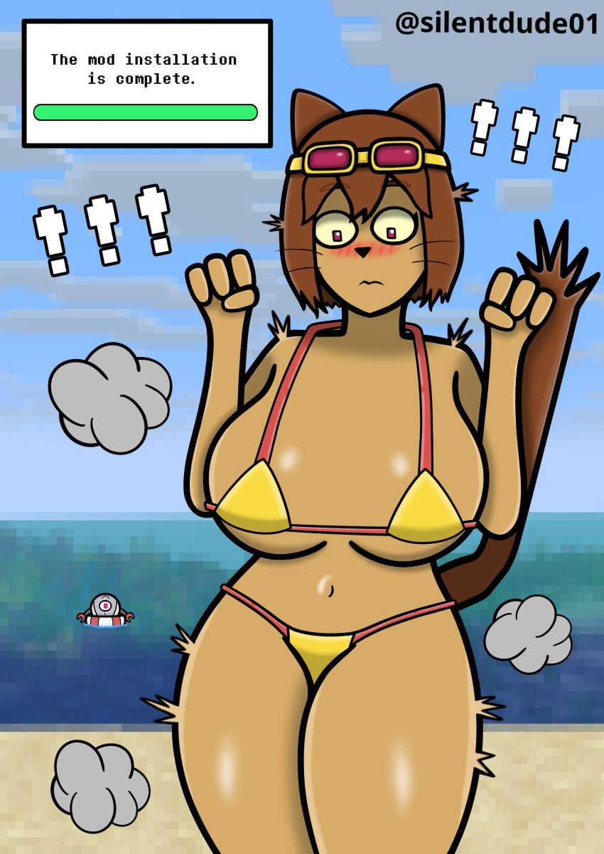 1female 1girls 1robot 2026 bikini blush boobs breasts brown_hair brown_tail cat_ears cat_girl cat_humanoid cat_tail curvy curvy_figure furry gameoverse glitch_productions kaboodle_(gameoverse) kit_(gameoverse) kit_bodega large_breasts minecraft_background purple_eyes shock shocked_eyes short_hair silentdude01 thick_legs thick_thighs