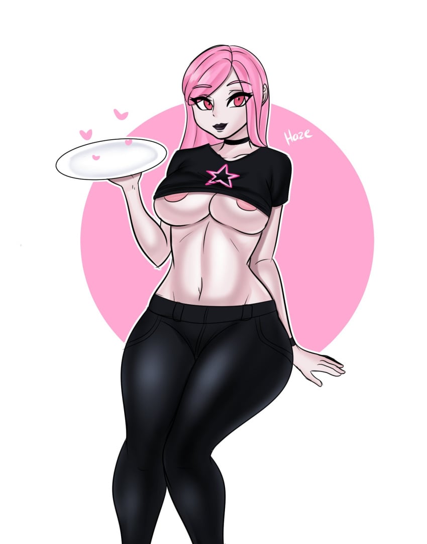 1girls areola_slip black_choker black_crop_top black_lips black_lipstick black_pants choker cleavage crop_top fortnite fortnite:_battle_royale haze_(fortnite) heart hearts kinathefox large_breasts leggings looking_at_viewer pink_background pink_circle pink_hair pink_nipples pink_star red_eyes seductive_smile simple_background slim_waist solo star_(symbol) star_print thick_thighs tight_clothing tight_pants underboob undersized_clothes white_plate wide_hips