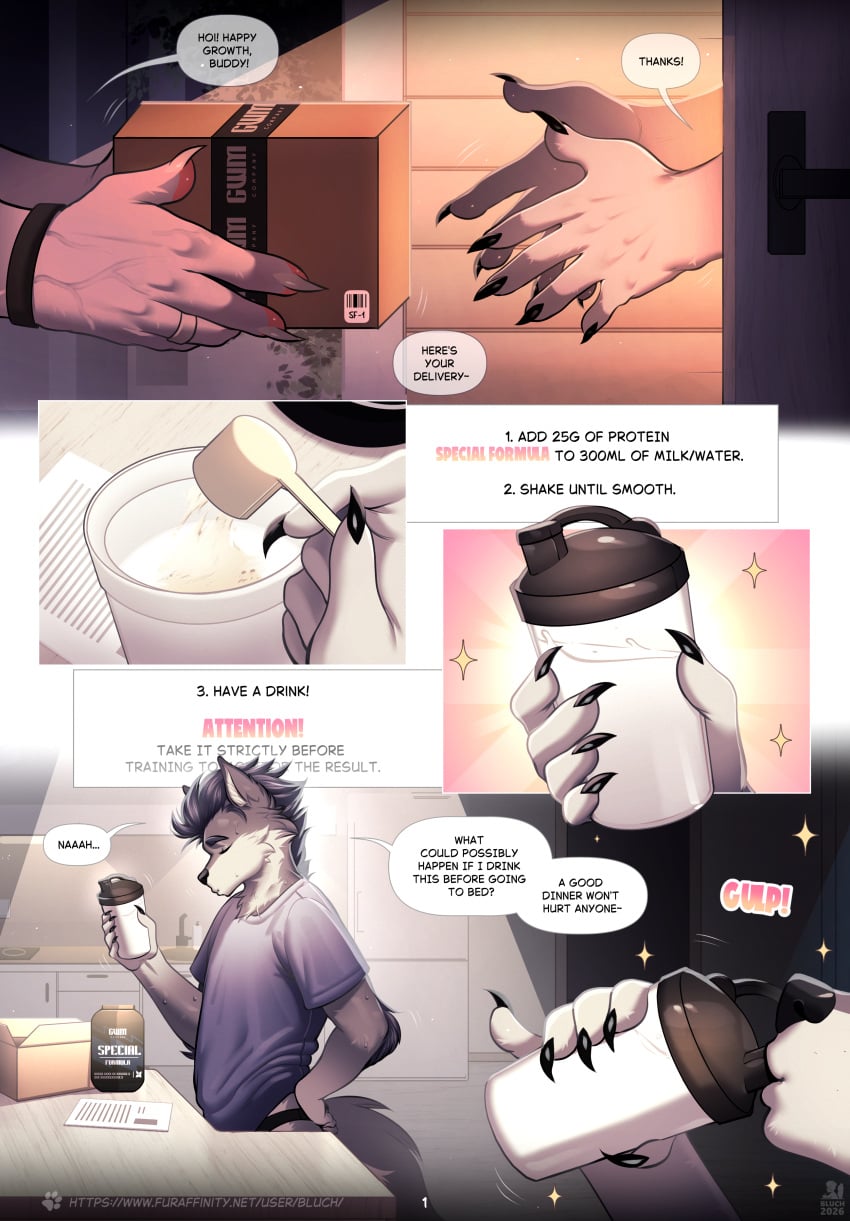 absurd_res anthro bluch_(artist) canid canine canis clothing comic comic_panel fur grey_body grey_fur growth hair hi_res male mammal multicolored_body multicolored_fur muscular muscular_anthro muscular_male pecs protein_shake solo tail two_tone_body two_tone_fur white_body white_fur wolf