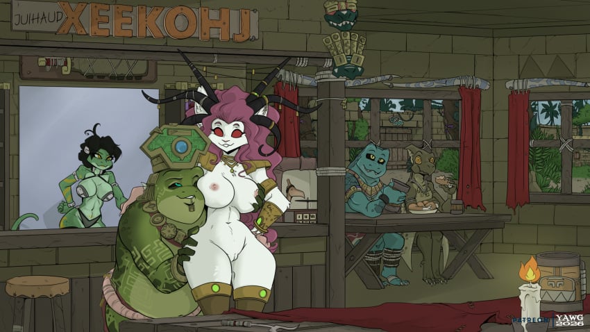 2026 6_horns accessory alternate_species amphibian anthro anthro_on_anthro bar big_breasts black_hair black_sclera breast_grab breasts bucky_o'hare_(series) candle eating female frog fur furgonomics genitals green_body green_scales grey_body grey_scales group hair hand_on_breast hi_res horn horn_accessory itzel_cozumel jenny_(bucky_o'hare) male male/female mammal multi_horn murid murine nintendo nipples pink_hair rat red_eyes rodent scales scalie sharpclaw_(star_fox) skaven slightly_chubby slightly_chubby_anthro slightly_chubby_male slippy_toad star_fox teal_eyes toad_(frog) tribal verminlord vulva warhammer_(franchise) white_body white_fur wide_hips yawg yellow_eyes