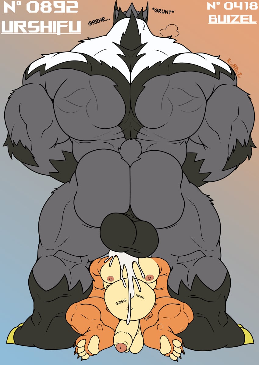 abs absurd_res anthro back_muscles balls bear bear_tail belly biceps big_balls big_butt big_muscles big_penis bodily_fluids breath buizel butt claws cum cum_inflation cum_inside cumshot digitigrade dominant duo ejaculation erection excessive_cum excessive_genital_fluids face_fucking feet fellatio fur generation_4_pokemon generation_8_pokemon genital_fluids genitals hi_res huge_muscles huge_penis inflation irrumatio larger_dom larger_male legendary_pokemon male male/male male_penetrating mammal multicolored_body muscular muscular_anthro muscular_male mythological_creature mythology nintendo nipples nude onomatopoeia oral oral_penetration orange_body orgasm panting pawpads paws pecs penetration penile penis penis_in_mouth pokemon pokemon_(species) rear_view rough_sex sex short_tail simple_background size_difference sound_effects swelling tail text tuft urshifu ursine xyandrith