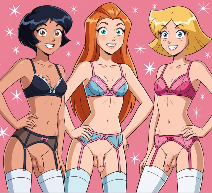 3futas ai_generated alex_(totally_spies) black_hair blonde_hair boobly bra clover_(totally_spies) flaccid futa_with_futa futanari garter_straps orange_hair sam_(totally_spies) stockings totally_spies