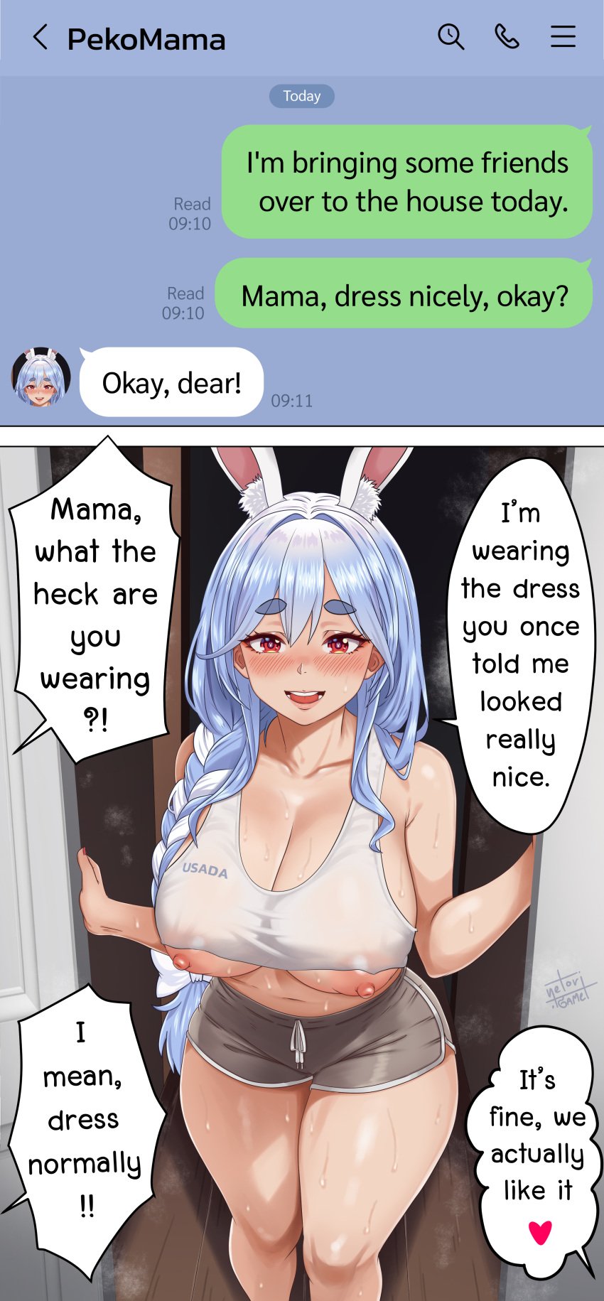 1girls blue_hair braid braided_ponytail bunny_ears curvy embarrassed english_text female heart hololive instant_loss_2koma large_breasts mature_female milf mommy mommy_kink mother nipples pekomama phone shorts tank_top text_message thick_thighs virtual_youtuber