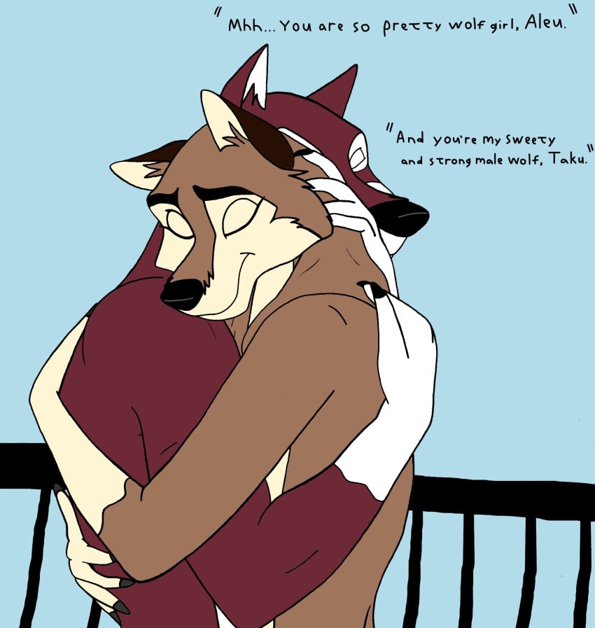 after_sex aleu_(balto) anthro balcony balto_(film) closed_eyes cuddling happy hug muscular_male rollriver romantic romantic_couple smaller_female smile taku_(balto) text true_love universal_studios wolf wolfdog