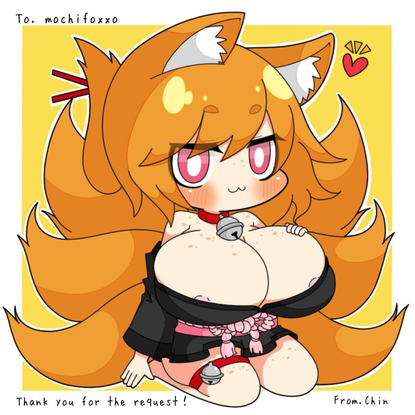 :3 bell_choker blush chibi cleavage cute fox_girl huge_breasts looking_at_viewer mochi_(mochifoxxo) nipple_slip on_knees orange_hair original original_character pink_eyes smug_face solo_female white_background