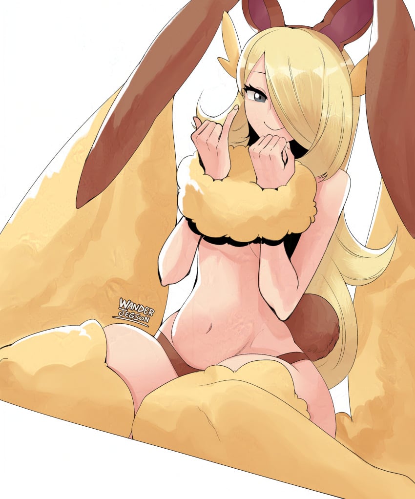 1girls belly_button bunny_ears bunny_tail cosplay cynthia_(pokemon) female hands_tied hips looking_at_viewer lopunny_(cosplay) midriff panties pokemon restrained smile sole_female thick_thighs thighhighs thighs tummy wanderjegson wide_hips