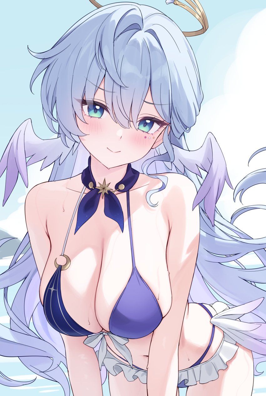 absurdres aqua_eyes aqua_eyes_female arched_back bare_shoulders bikini blue_bikini blue_eyebrows blue_hair blue_hair_female blue_sky breasts busty busty_female busty_girl catyu collarbone cowboy_shot female halo head_wings highres honkai:_star_rail honkai_(series) large_breasts long_hair looking_at_viewer navel robin_(honkai:_star_rail) sky smile solo stomach swimsuit thighs wings