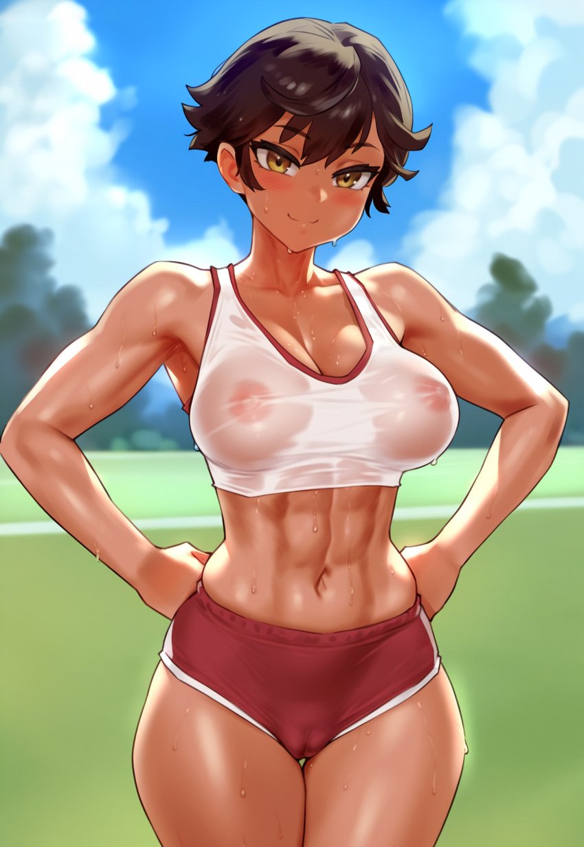 abs ai_generated big_breasts blush breasts brown_hair cameltoe female female_focus jagat_ai nipples nipples_visible_through_clothing original original_character outdoors see-through see-through_clothing see-through_top short_hair short_shorts shorts smile solo solo_focus sweat sweatdrop sweating tanned tanned_female tanned_skin tomboy toned toned_female track_and_field track_uniform