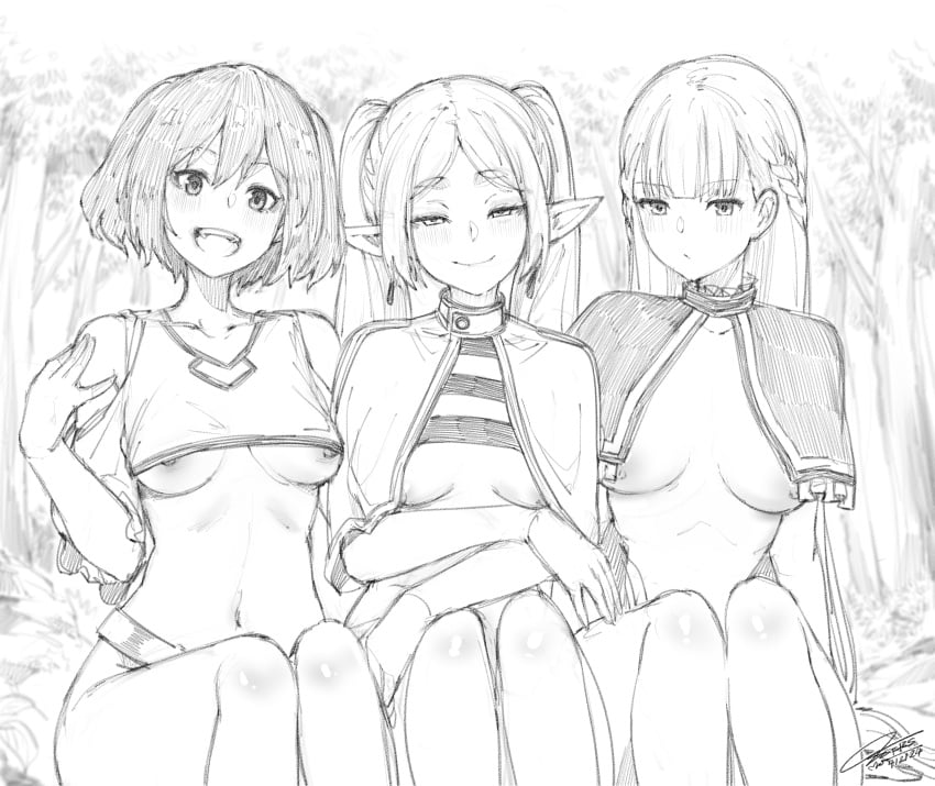 3girls :/ absurdres areola_slip arm_support bare_shoulders belt blunt_bangs blush braid breasts capelet closed_mouth clothing_cutout commentary dated earrings elf elf_ears elf_female elf_girl english_commentary expressionless fkscrashing forest frieren girl_sandwich graphite_(medium) greyscale hair_behind_ear hair_between_eyes half-closed_eyes hand_up hatching_(texture) highres jewelry kanne_(sousou_no_frieren) lawine_(sousou_no_frieren) linear_hatching long_hair looking_at_viewer magic_user magical_girl medium_breasts monochrome multiple_girls nature naughty_face navel nipples open_mouth outdoors parted_bangs pointy_ears sandwiched shirt short_eyebrows short_hair shoulder_cutout side-by-side sidelocks signature sitting smile sousou_no_frieren stomach straight_hair striped_clothes striped_shirt teeth thick_eyebrows traditional_media tree twintails upper_teeth_only very_long_hair