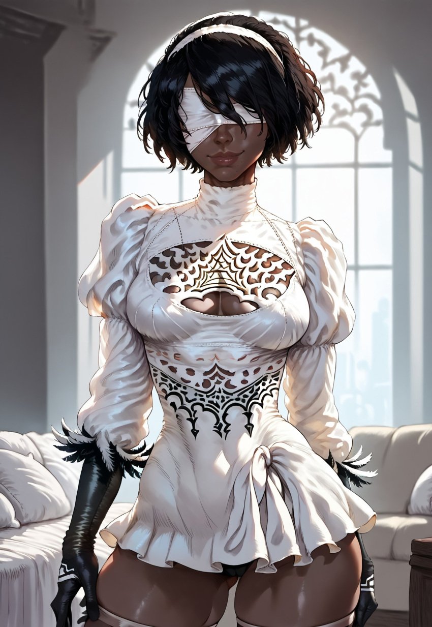 1girls 2d ai_generated ai_sensuality blindfold clothed clothing dark-skinned_female dark_skin dress female_only hi_res nier:_automata short_skirt solo solo_female white_blindfold white_dress yorha_2p