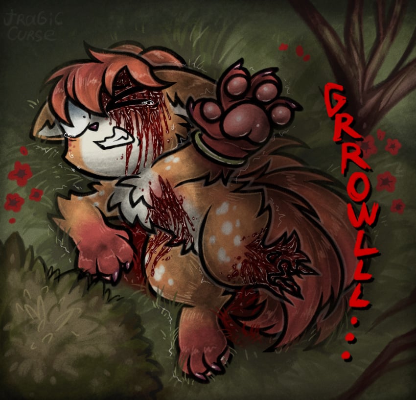 3_toes ambiguous_gender anthro blood blood_from_mouth blood_in_mouth blood_on_face blood_splatter bodily_fluids claws detailed_background fan_character feet fur generation_1_pokemon gore implied_permanent multicolored_body multicolored_fur nintendo pawpads paws plant pokemon pokemon_(species) shrub solo tears tears_of_desperation toes tragiccurse vulpix wounded