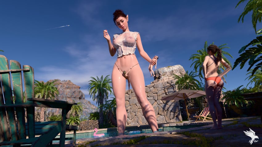 beach blackraven3d blender carrying giantess helpless holding image mini_giantess original_character pool poolside size_difference standing