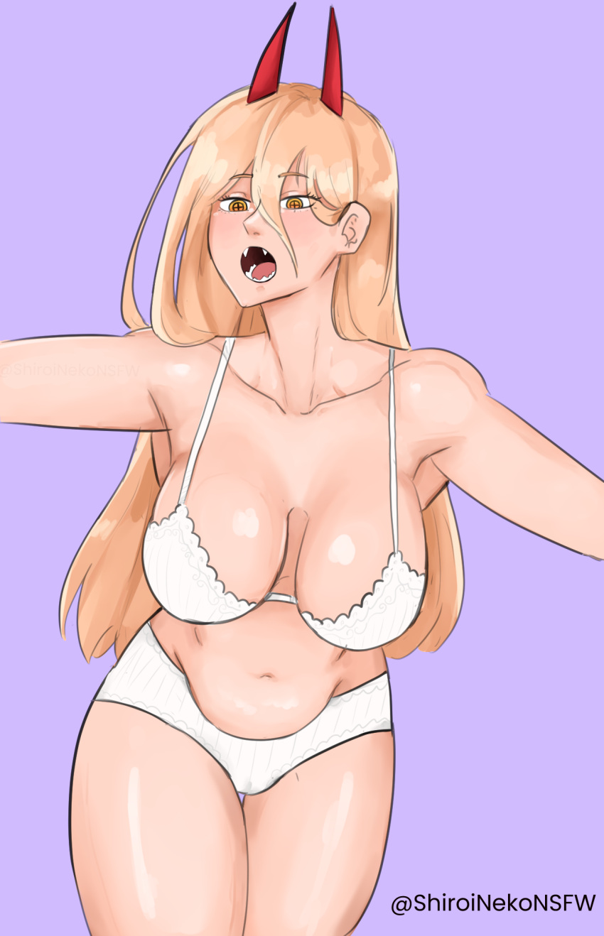 belly big_breasts blonde_hair bra breasts chainsaw_man demon fangs female power_(chainsaw_man) sfw shiroinekonsfw slightly_chubby solo_female underwear white_panties white_skin