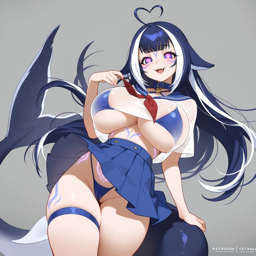 ai_generated bare_thighs bikini blue_hair gigantic_breasts heart-shaped_pupils huge_breasts huge_thighs light-skinned_female light_skin long_hair looking_at_viewer massive_breasts multicolored_hair nanam_kakama pink_eyes sailor_uniform shylily smiling solo_female squatting sweat sweatdrop thick_body thick_female thick_thighs thighs twitch virtual_youtuber voluptuous voluptuous_female whale_girl whale_tail