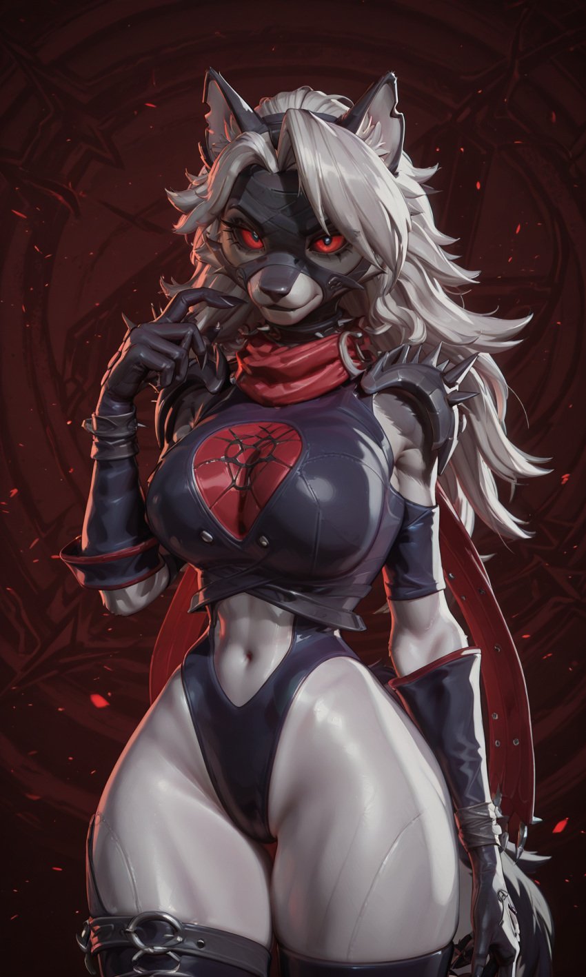 ai_generated anthro bandage bandages big_breasts chronoai cosplay furry furry_female furry_only helluva_boss invisible_woman large_breasts leotard loona_(helluva_boss) malice_(marvel) malice_(marvel_rivals) marvel marvel_rivals midriff red_eyes scarf small_waist sue_richards sue_storm thick thick_thighs thighhighs white_body white_fur white_hair