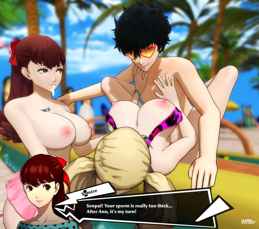 after_oral ann_takamaki beach big_breasts bikini blonde_hair cum cum_in_mouth dialogue htr18 joker_(persona) penetration persona persona_5 persona_5_royal red_hair ren_amamiya sex sumire_yoshizawa tagme