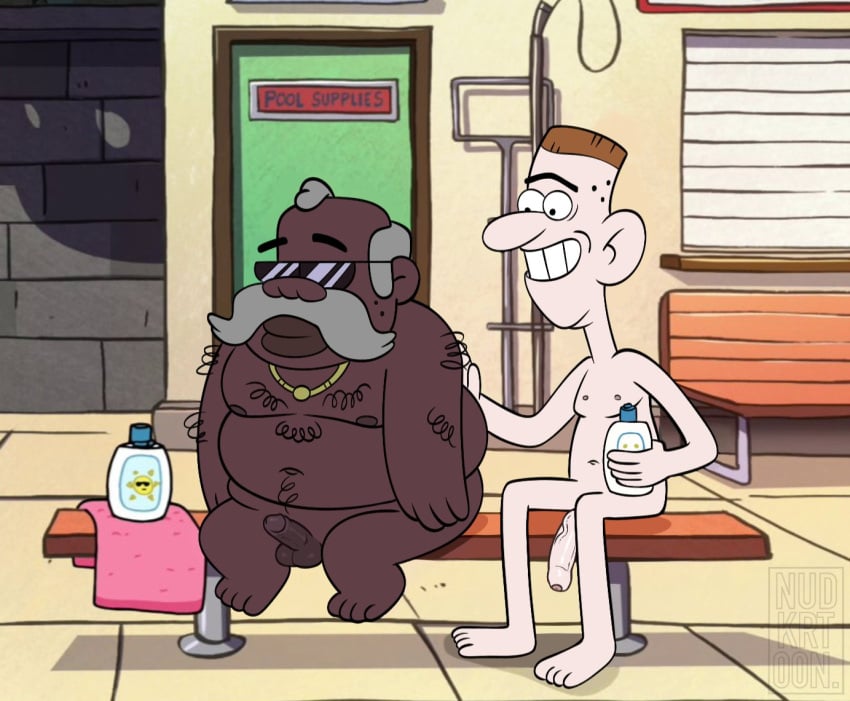 2boys brown_skin deputy_durland disney edit fat gravity_falls happy human human_only interracial male_only nude nudkrt00n overweight penis public_nudity screenshot_edit sheriff_blubs smiling sunscreen sunscreen_on_back toony uncircumcised very_dark_skin