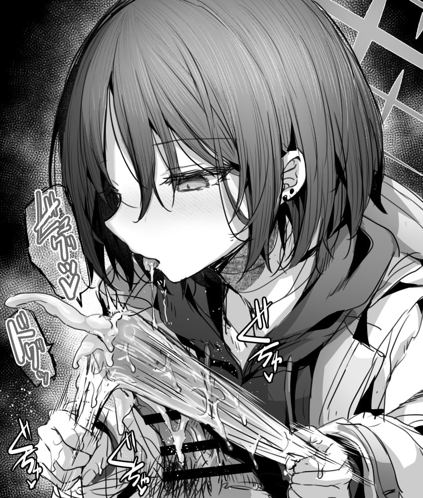 1boy bar_censor blue_archive censored cloth cum drawstring ejaculation erection female greyscale hair_between_eyes halo handjob highres hood hood_down hoodie jacket long_hair misaki_(blue_archive) monochrome open_clothes open_jacket penis projectile_cum saliva saliva_trail solo_focus straight tongue tongue_out uko_magi