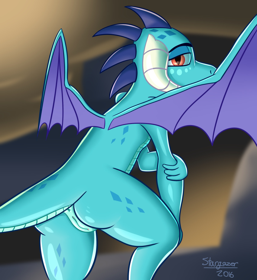 2016 anus ass cyan_scales dragon female feral friendship_is_magic hi_res horn looking_at_viewer looking_back membranous_wings my_little_pony princess_ember_(mlp) pussy red_eyes scales scalie solo spade_tail spread_wings stargazer wings