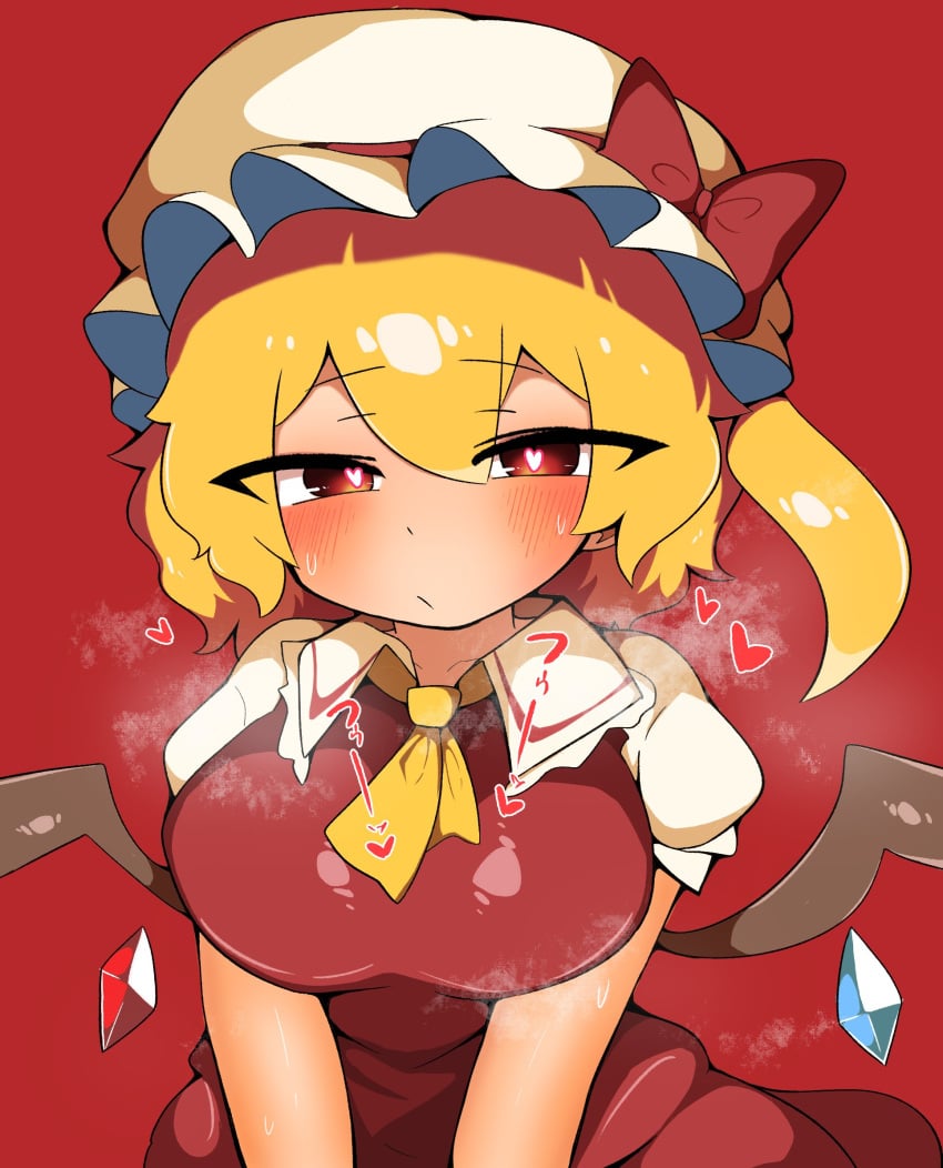 bare_shoulders between_legs black_thighhighs blonde_hair blush bow breasts closed_mouth crystal crystal_wings female flandre_scarlet hari_oekaki hat hat_ribbon heart large_breasts looking_at_viewer loving_aura mesugaki mob_cap necktie oerba_yun_fang pov red_bow red_eyes red_ribbon red_shirt ribbon saliva saliva_trail shirt side_ponytail sitting slit_pupils solo thighhighs touhou wariza white_hat wings yellow_necktie