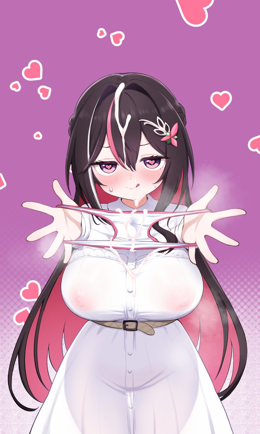 2d :q absurdres azki_(4th_costume)_(hololive) azki_(hololive) black_hair blush breasts closed_mouth colored_inner_hair commentary_request covered_nipples cowboy_shot cum cum_in_clothes cum_in_panties cum_on_body cum_on_hair dress facial female hair_ornament heart heart-shaped_pupils heart_background highres holding holding_panties holding_underwear holding_unworn_clothes hololive hololive_gen_0 hololive_japan huge_breasts kani_bonara long_hair long_sleeves looking_at_viewer multicolored_hair panties pink_background pink_eyes pink_hair presenting_removed_panties see-through_clothes see-through_dress simple_background smile solo stained_panties sweatdrop symbol-shaped_pupils tongue tongue_out two-tone_hair underwear unworn_panties variant_set virtual_youtuber white_dress white_panties