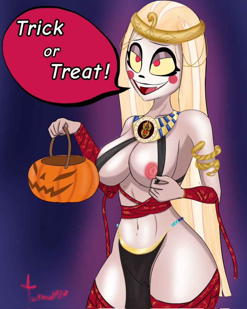 1girls bare_arms bare_breasts bare_shoulders bare_thighs big_breasts blonde_hair charlie_morningstar_(hazbin_hotel) clothed clothing color english_text female female_focus female_only halloween hazbin_hotel hi_res large_breasts light-skinned_female light_skin long_hair looking_at_viewer nipples red_eyes solo solo_female tagme text text_bubble thick_thighs tormod717 vivienne_medrano