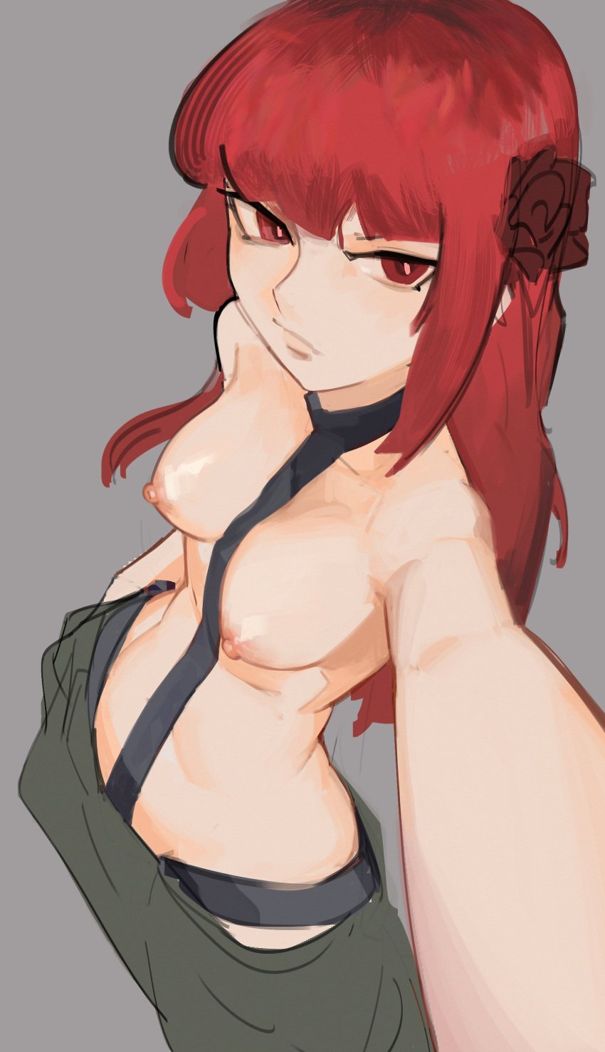 1girls baggy_pants bangs between_breasts blunt_bangs breasts clothes_between_breasts female female_only glorp_(artist) grey_background hair_flower large_breasts long_hair nipples original pants red_eyes red_hair rose selfie sidelocks solo topless vergilsketch