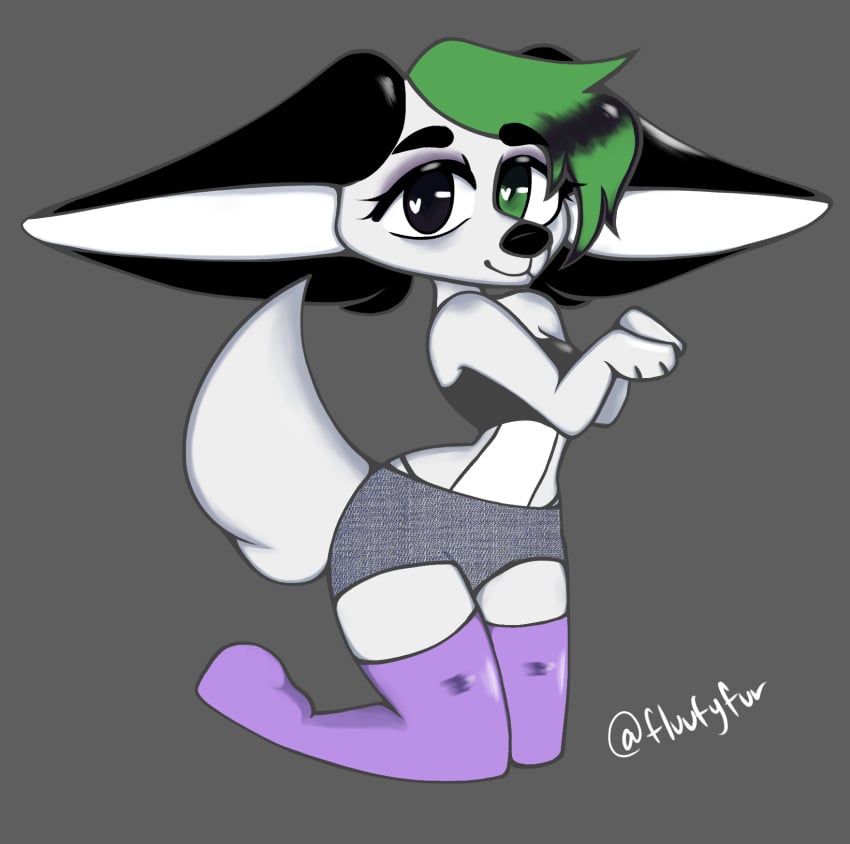 anthro dark_circles female furry green_hair grey_topwear heterochromia purple_eyeshadow purple_thighhighs sfw shorts solo thigh_highs thighhighs