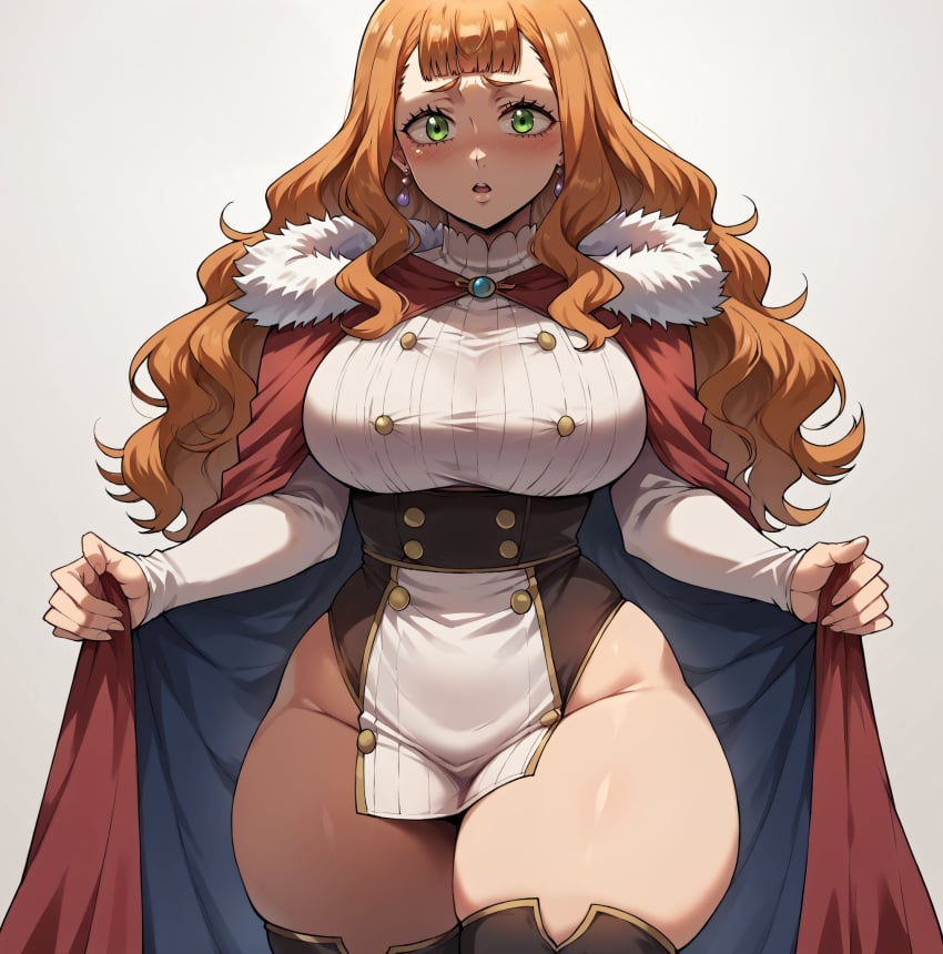 ai_generated bare_thighs black_clover blush embarrassed gigantic_breasts green_eyes huge_breasts huge_thighs light-skinned_female light_skin long_hair looking_at_viewer massive_breasts mimosa_vermillion orange_hair presenting_thighs shounen_jump smogai solo_female squatting sweat sweatdrop thick_body thick_female thick_thighs thighs voluptuous voluptuous_female