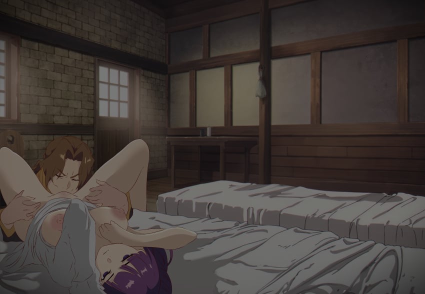 1boy 1girls age_difference bed cheating cheating_girlfriend cunnilingus eating_pussy expressionless fern_(sousou_no_frieren) indoors large_breasts netorare ntr purple_hair pussy sein_(sousou_no_frieren) sousou_no_frieren spread_legs thighs